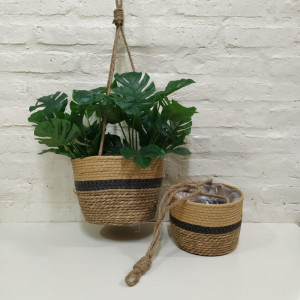 canasto colgante rattan marron grande 24x17cm
