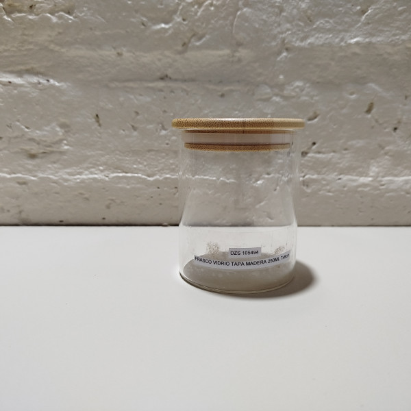FRASCO VIDRIO TAPA MADERA 250ML X8CM