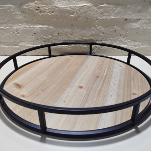 bandeja redonda madera metal negro 40x5